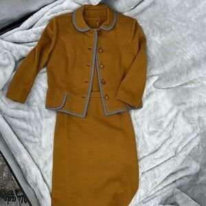 VTG McMullen 3 PC Skirt Suit Mustard Ochre Jacket Top Skirt Grey Trim Retro Chic